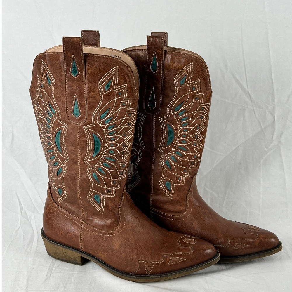 Bandalero Western Cowboy Boots‎ Brown Faux Leather Turquoise Stitching Size 10M